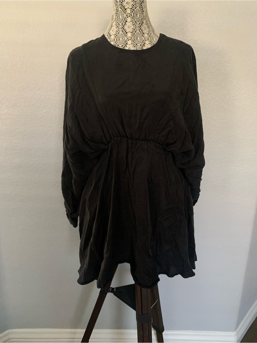 Zara Black Long-Sleeve Gathered Waist Mini Dress